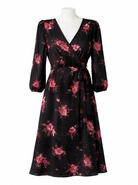 Size M Elaine Rose Women’s Black Pink‎ Floral Faux Wrap Midi Dress